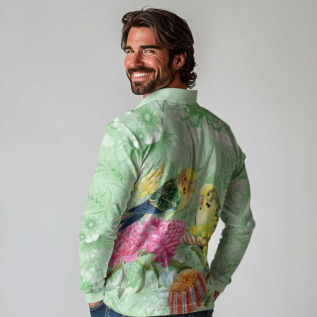 Birds and Floral Aussie Budgerigars Long Sleeve Polo Shirt Mint Opal - Aussie Hoodie