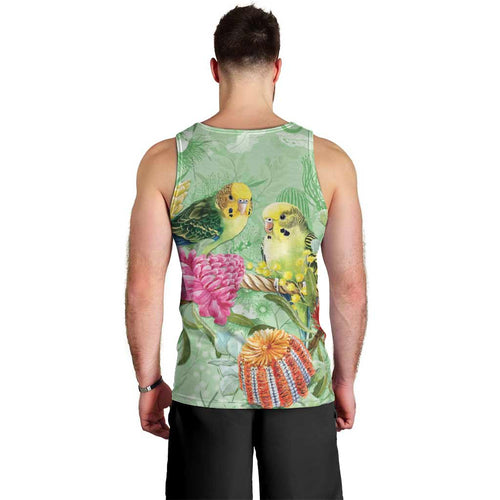 Birds and Floral Aussie Budgerigars Men Tank Top Mint Opal - Aussie Hoodie