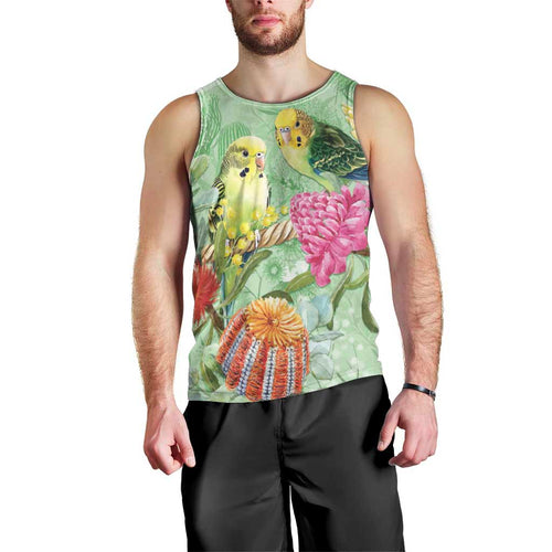 Birds and Floral Aussie Budgerigars Men Tank Top Mint Opal - Aussie Hoodie