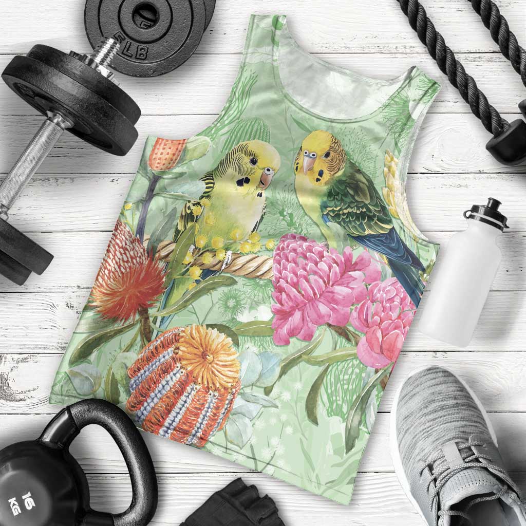 Birds and Floral Aussie Budgerigars Men Tank Top Mint Opal - Aussie Hoodie