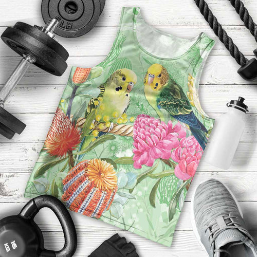 Birds and Floral Aussie Budgerigars Men Tank Top Mint Opal - Aussie Hoodie