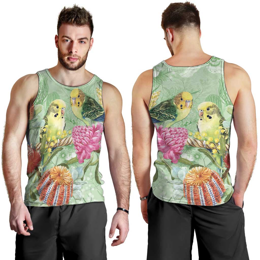 Birds and Floral Aussie Budgerigars Men Tank Top Mint Opal - Aussie Hoodie