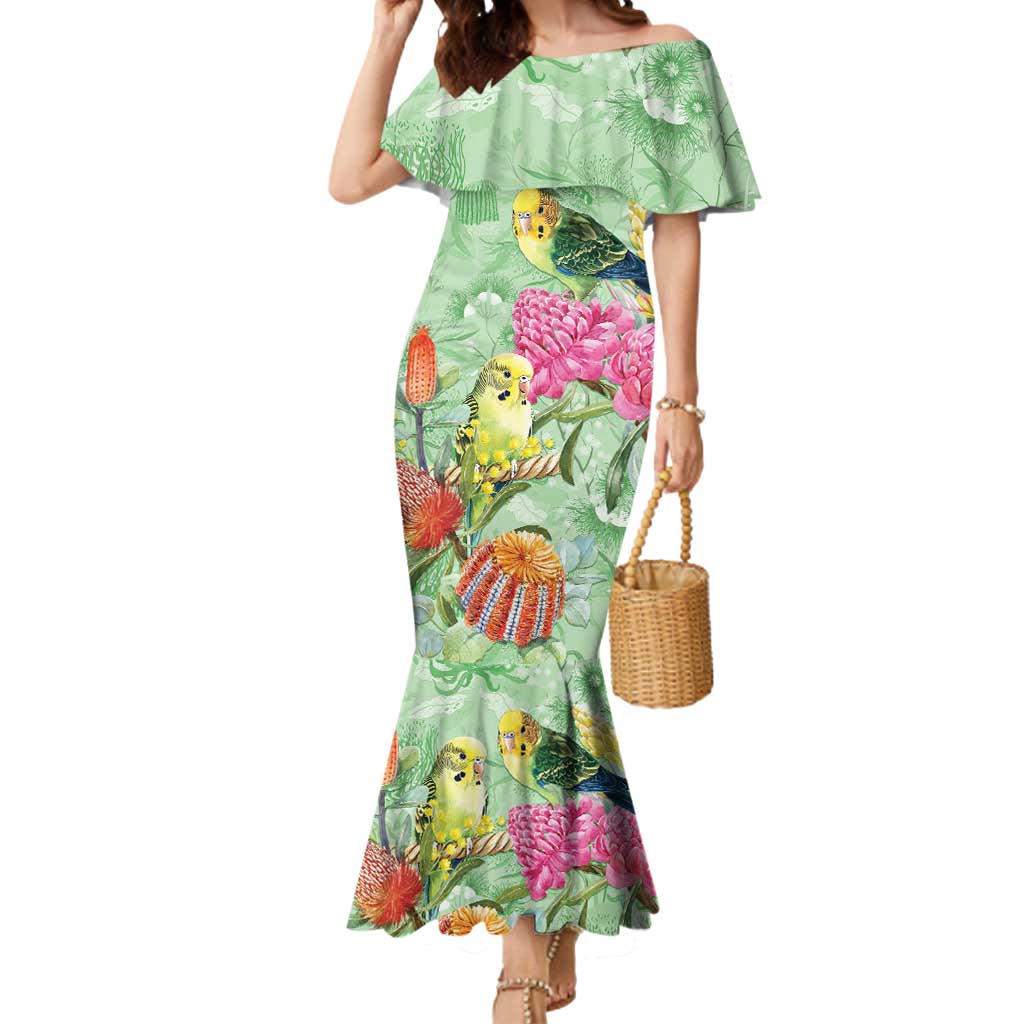 Birds and Floral Aussie Budgerigars Mermaid Dress Mint Opal - Aussie Hoodie