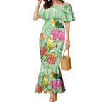 Birds and Floral Aussie Budgerigars Mermaid Dress Mint Opal - Aussie Hoodie