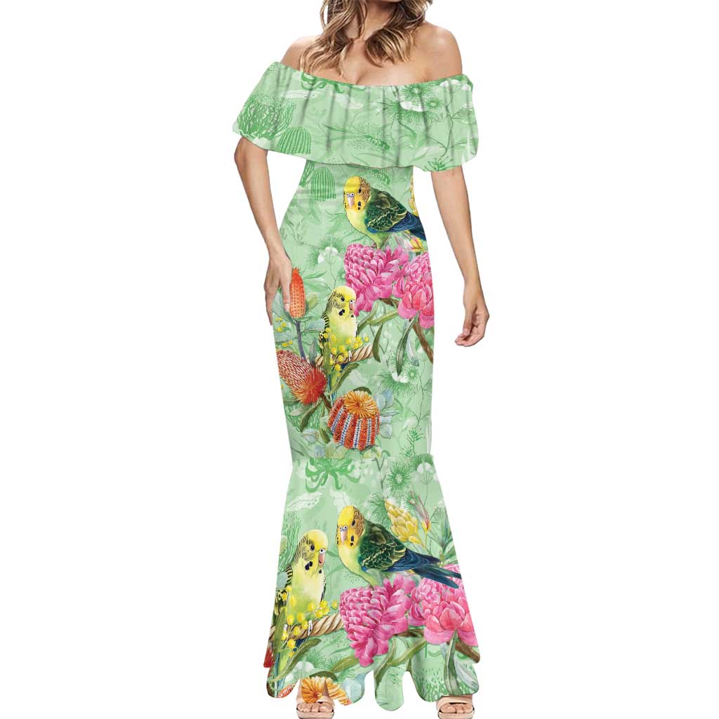 Birds and Floral Aussie Budgerigars Mermaid Dress Mint Opal - Aussie Hoodie