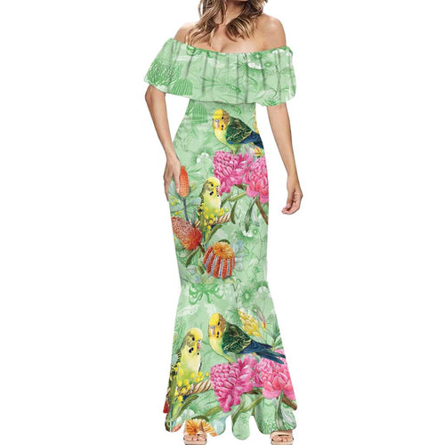 Birds and Floral Aussie Budgerigars Mermaid Dress Mint Opal - Aussie Hoodie