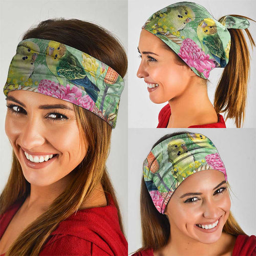 Birds and Floral Aussie Budgerigars Neck Gaiter Mint Opal - Aussie Hoodie