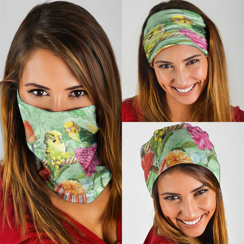 Birds and Floral Aussie Budgerigars Neck Gaiter Mint Opal - Aussie Hoodie