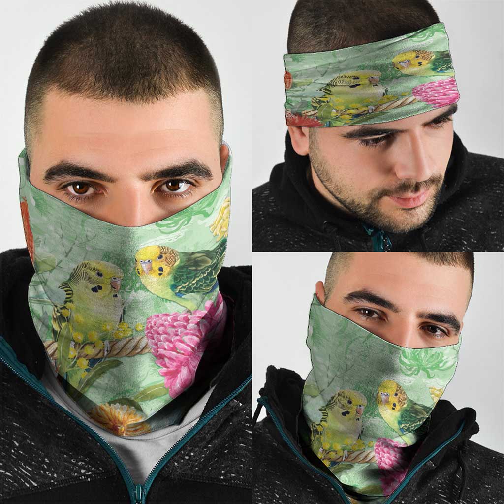 Birds and Floral Aussie Budgerigars Neck Gaiter Mint Opal - Aussie Hoodie