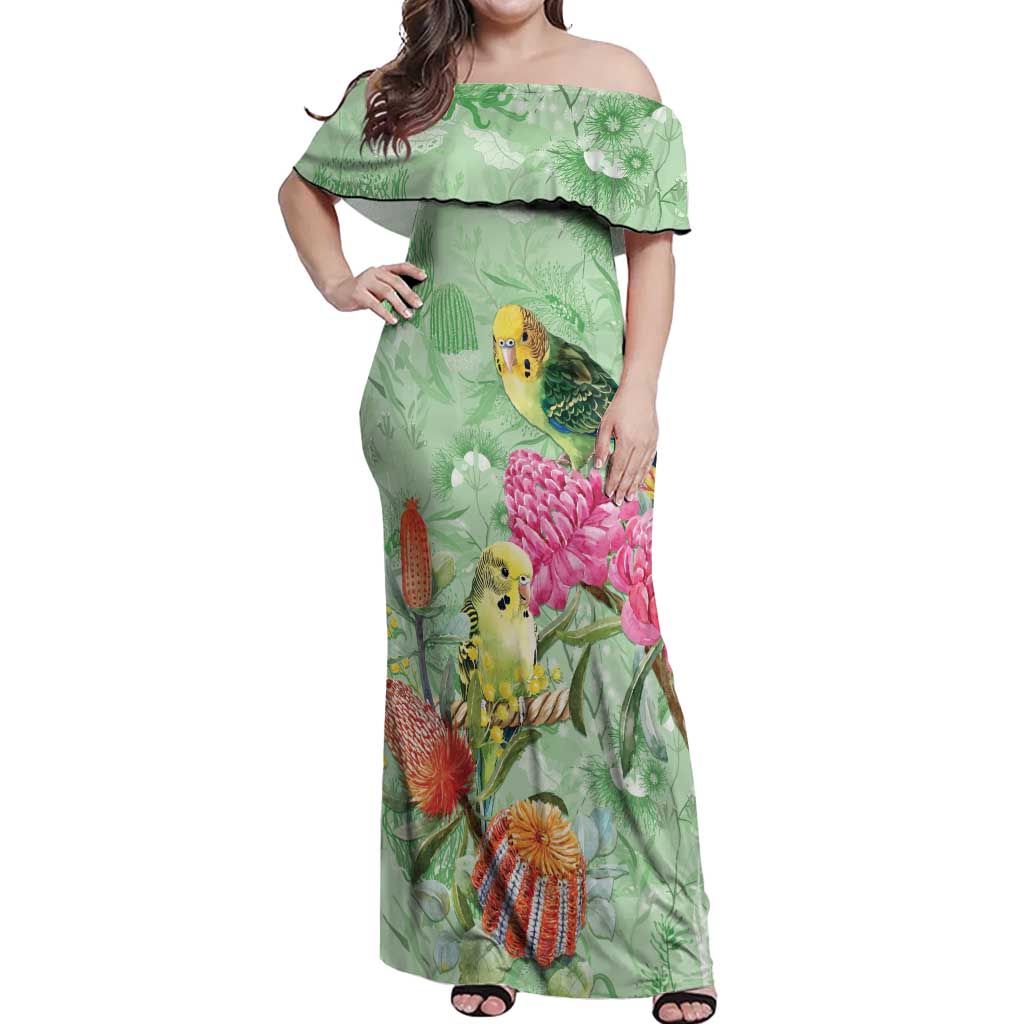 Birds and Floral Aussie Budgerigars Off Shoulder Maxi Dress Mint Opal - Aussie Hoodie