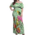 Birds and Floral Aussie Budgerigars Off Shoulder Maxi Dress Mint Opal - Aussie Hoodie