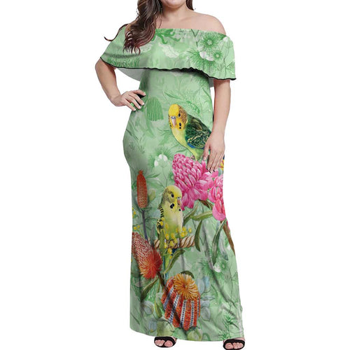 Birds and Floral Aussie Budgerigars Off Shoulder Maxi Dress Mint Opal - Aussie Hoodie