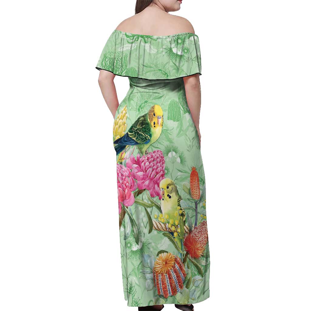 Birds and Floral Aussie Budgerigars Off Shoulder Maxi Dress Mint Opal - Aussie Hoodie