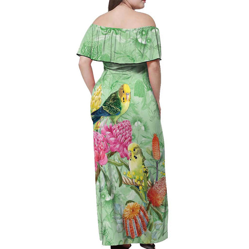 Birds and Floral Aussie Budgerigars Off Shoulder Maxi Dress Mint Opal - Aussie Hoodie