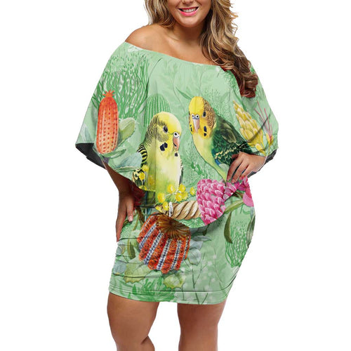 Birds and Floral Aussie Budgerigars Off Shoulder Short Dress Mint Opal - Aussie Hoodie