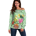 Birds and Floral Aussie Budgerigars Off Shoulder Sweater Mint Opal - Aussie Hoodie