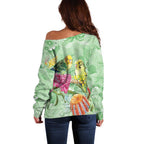Birds and Floral Aussie Budgerigars Off Shoulder Sweater Mint Opal - Aussie Hoodie
