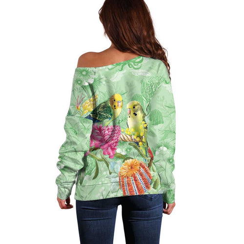 Birds and Floral Aussie Budgerigars Off Shoulder Sweater Mint Opal - Aussie Hoodie