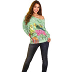 Birds and Floral Aussie Budgerigars Off Shoulder Sweater Mint Opal - Aussie Hoodie