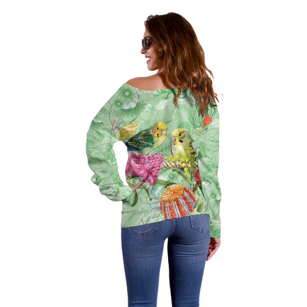 Birds and Floral Aussie Budgerigars Off Shoulder Sweater Mint Opal - Aussie Hoodie