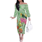 Birds and Floral Aussie Budgerigars Off The Shoulder Long Sleeve Dress Mint Opal - Aussie Hoodie
