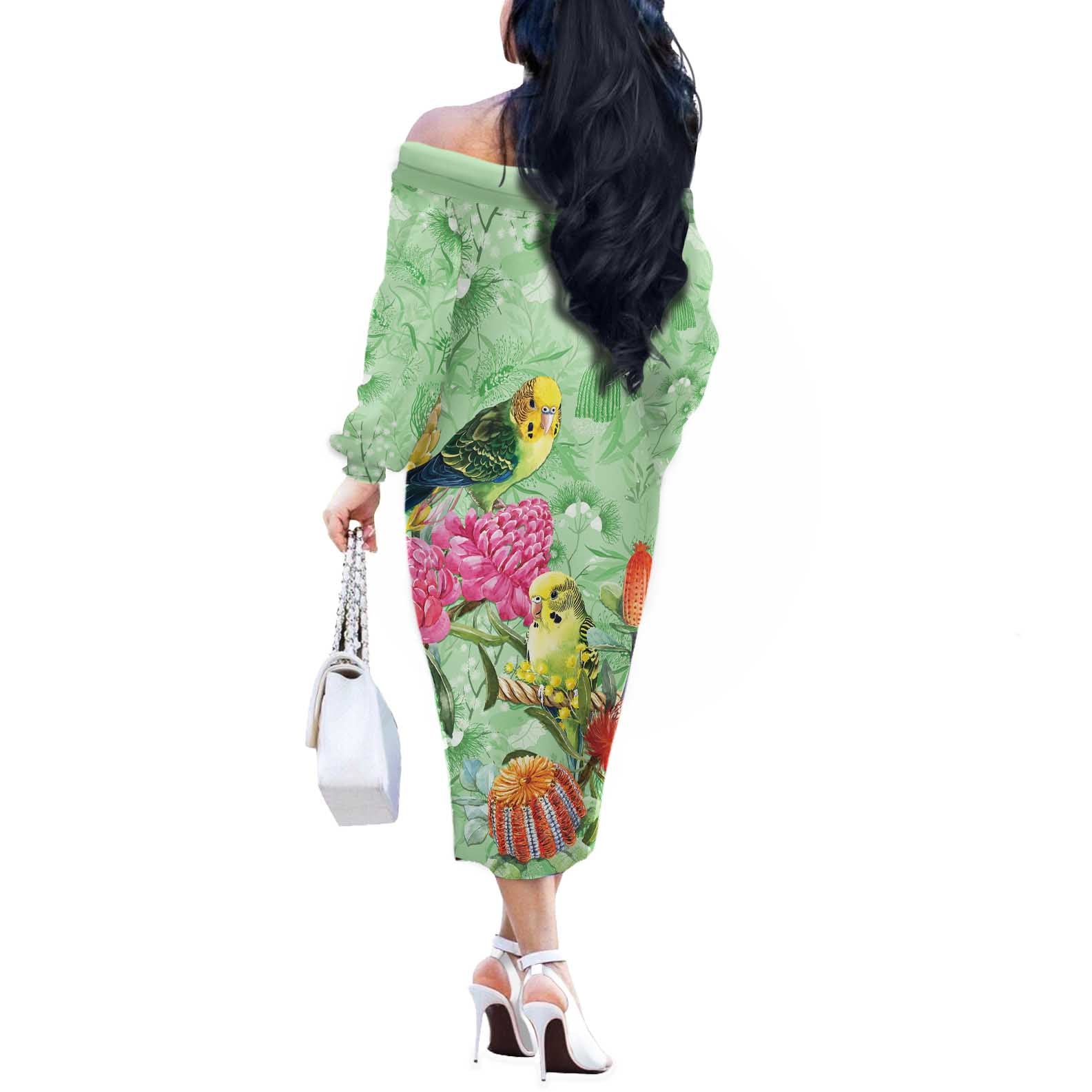 Birds and Floral Aussie Budgerigars Off The Shoulder Long Sleeve Dress Mint Opal - Aussie Hoodie