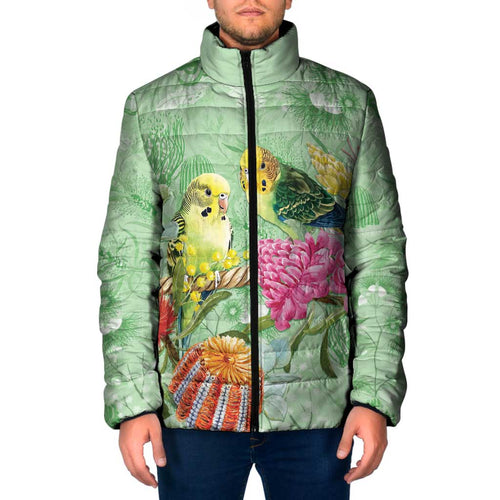 Birds and Floral Aussie Budgerigars Padded Jacket Mint Opal - Aussie Hoodie