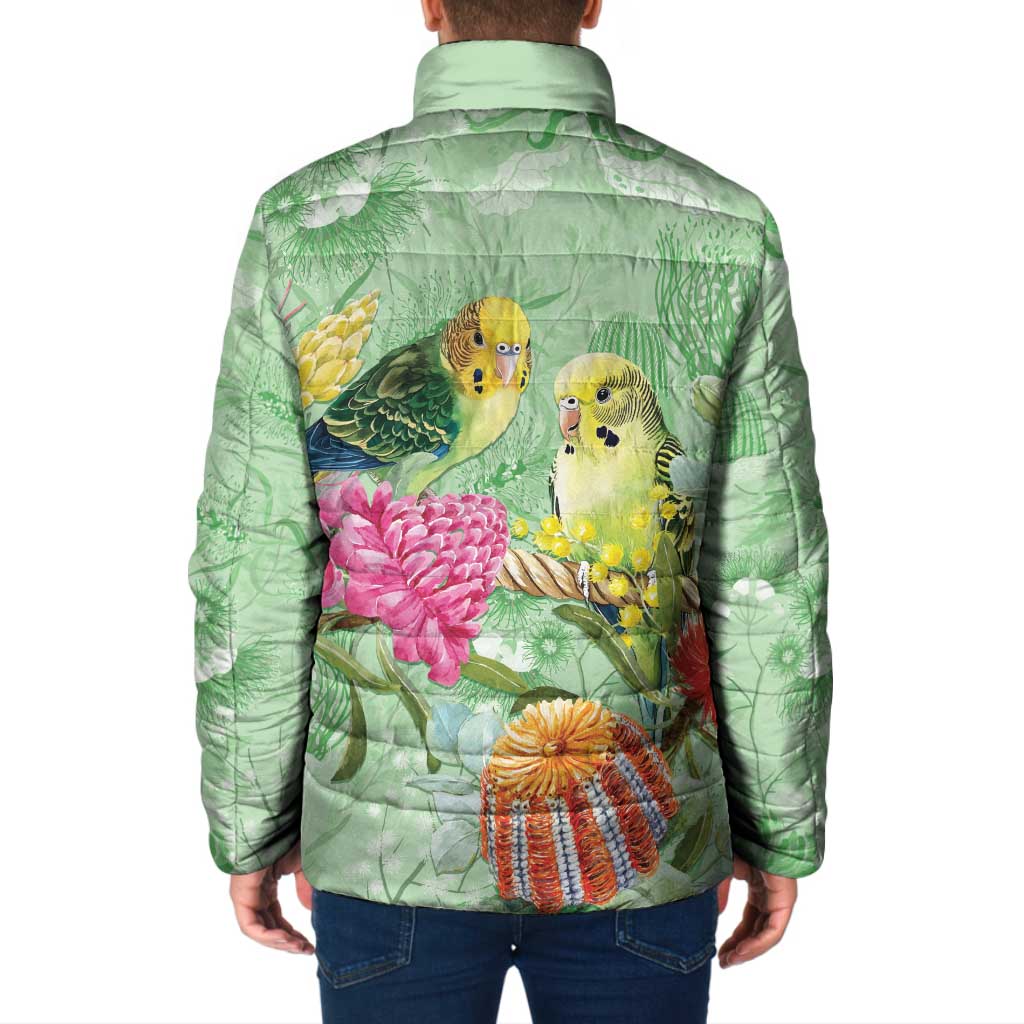 Birds and Floral Aussie Budgerigars Padded Jacket Mint Opal - Aussie Hoodie
