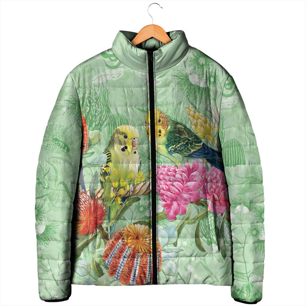 Birds and Floral Aussie Budgerigars Padded Jacket Mint Opal - Aussie Hoodie