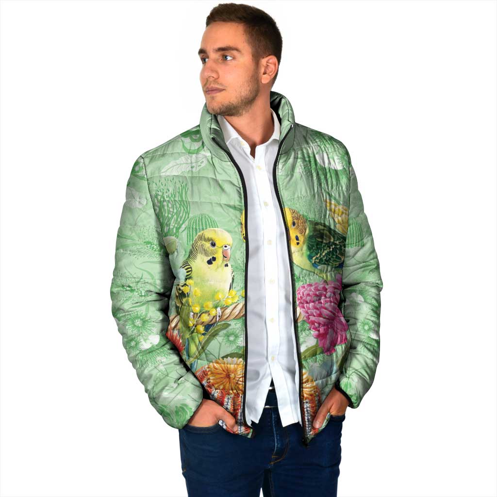 Birds and Floral Aussie Budgerigars Padded Jacket Mint Opal - Aussie Hoodie
