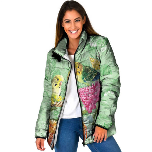 Birds and Floral Aussie Budgerigars Padded Jacket Mint Opal - Aussie Hoodie