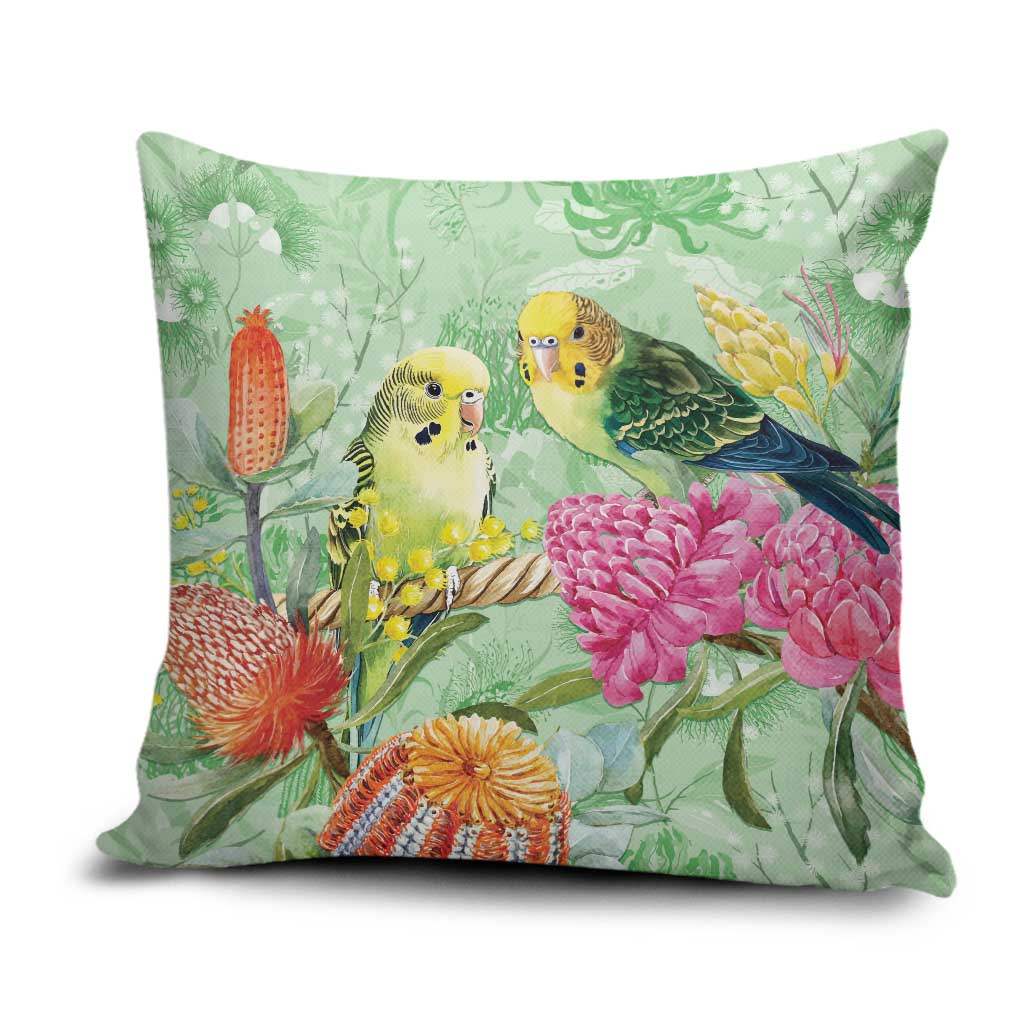 Birds and Floral Aussie Budgerigars Pillow Cover Mint Opal - Aussie Hoodie