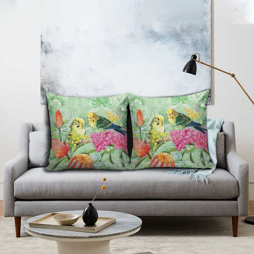 Birds and Floral Aussie Budgerigars Pillow Cover Mint Opal - Aussie Hoodie