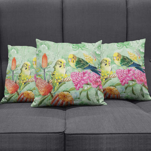 Birds and Floral Aussie Budgerigars Pillow Cover Mint Opal - Aussie Hoodie