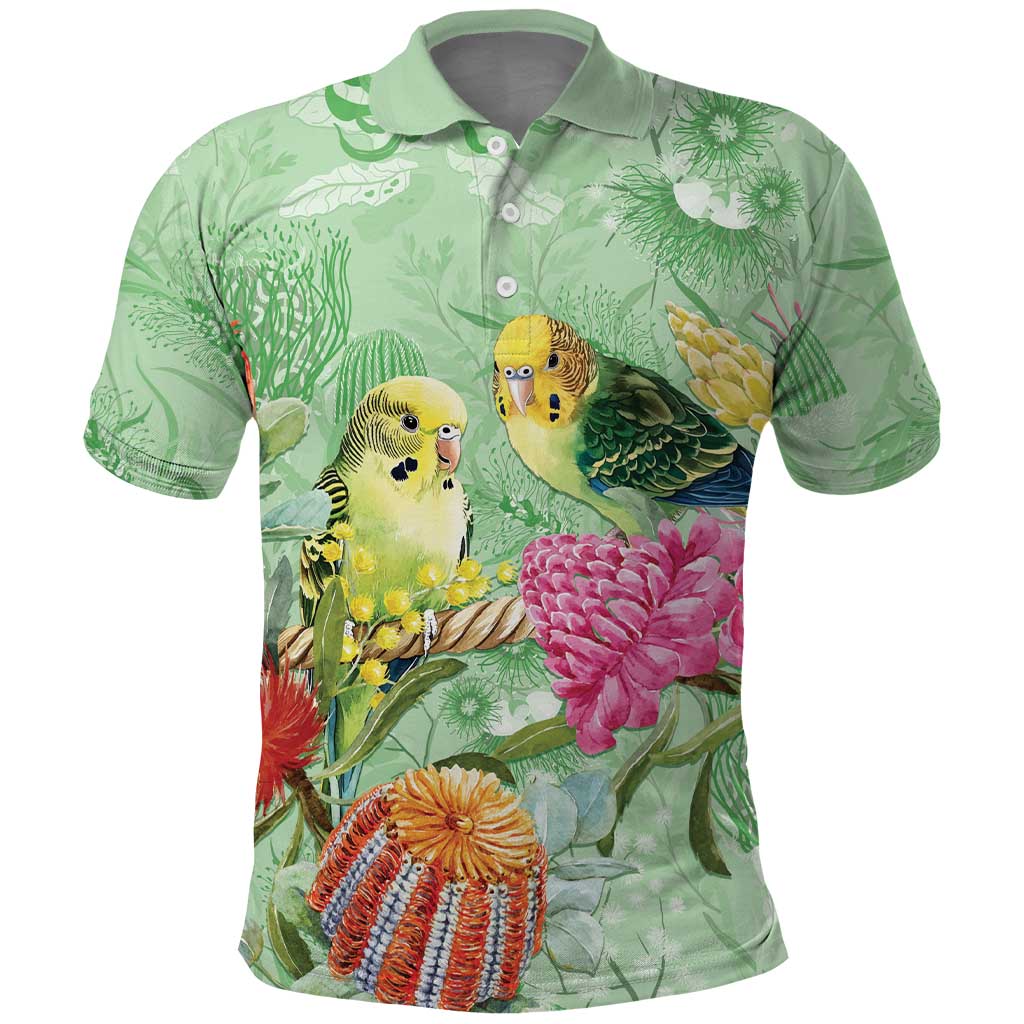 Birds and Floral Aussie Budgerigars Polo Shirt Mint Opal - Aussie Hoodie