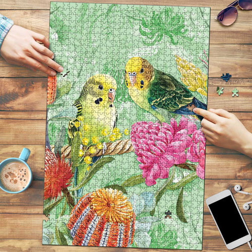Birds and Floral Aussie Budgerigars Puzzle Mint Opal - Aussie Hoodie