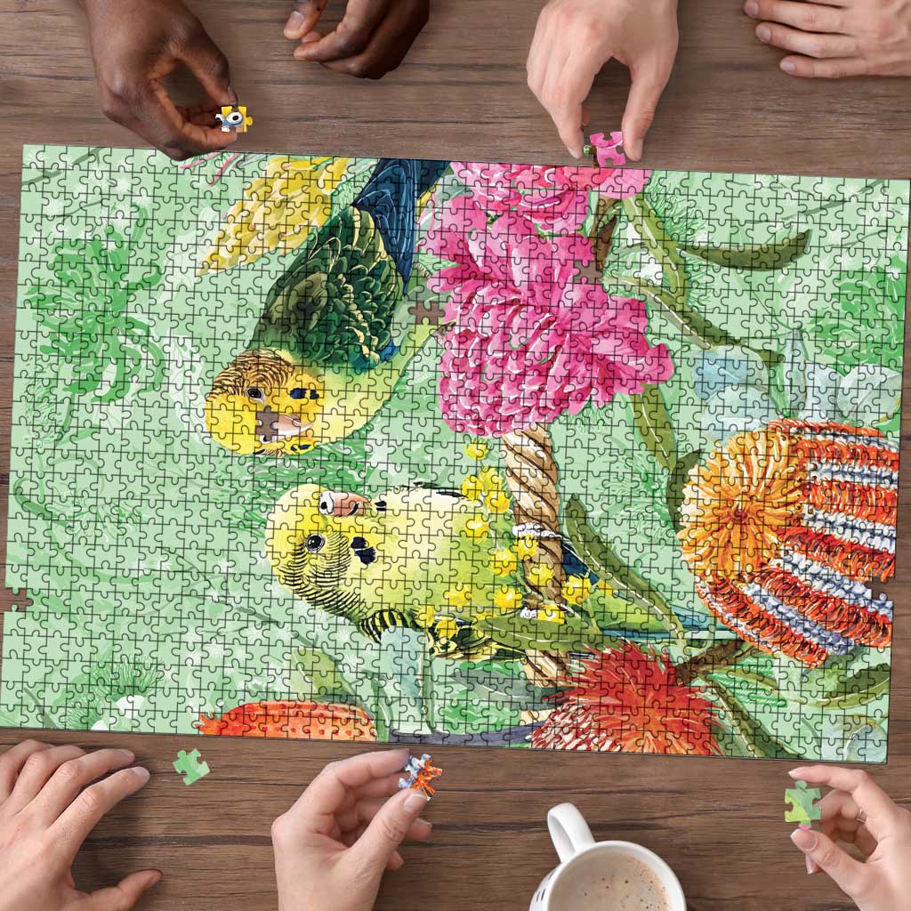 Birds and Floral Aussie Budgerigars Puzzle Mint Opal - Aussie Hoodie