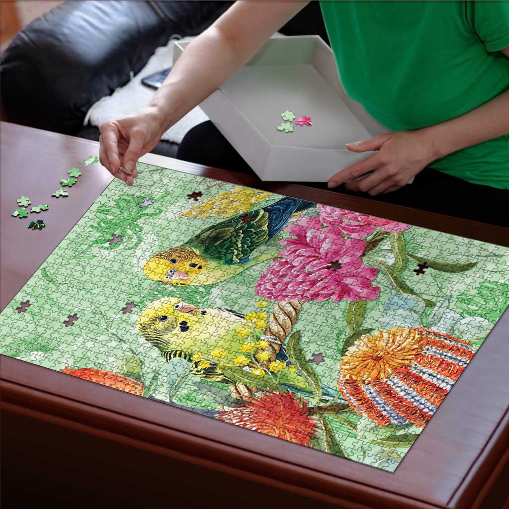 Birds and Floral Aussie Budgerigars Puzzle Mint Opal - Aussie Hoodie