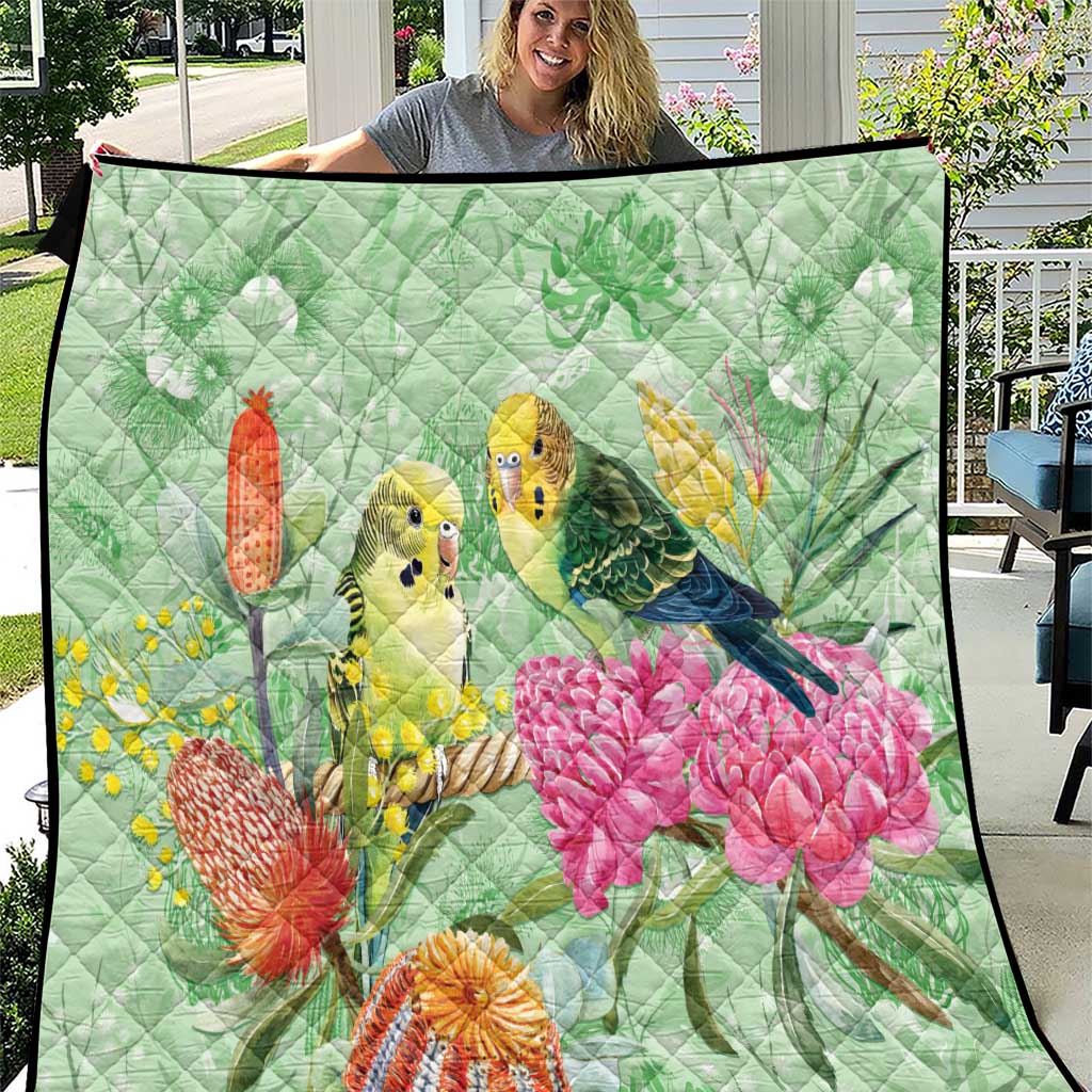 Birds and Floral Aussie Budgerigars Quilt Mint Opal - Aussie Hoodie