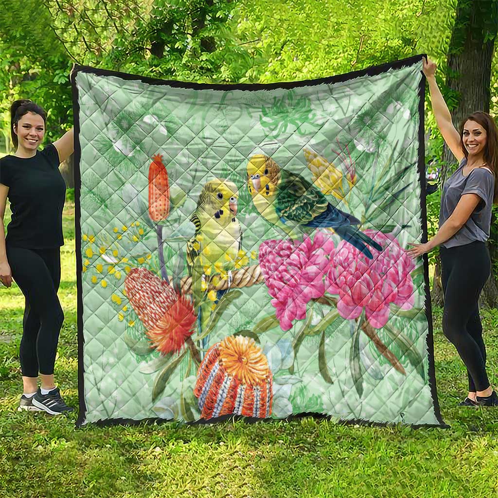 Birds and Floral Aussie Budgerigars Quilt Mint Opal - Aussie Hoodie
