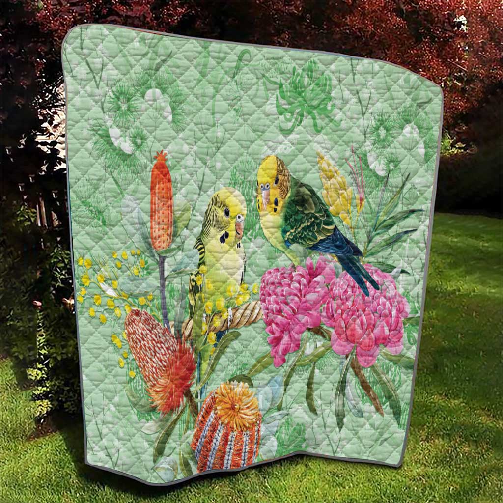 Birds and Floral Aussie Budgerigars Quilt Mint Opal - Aussie Hoodie