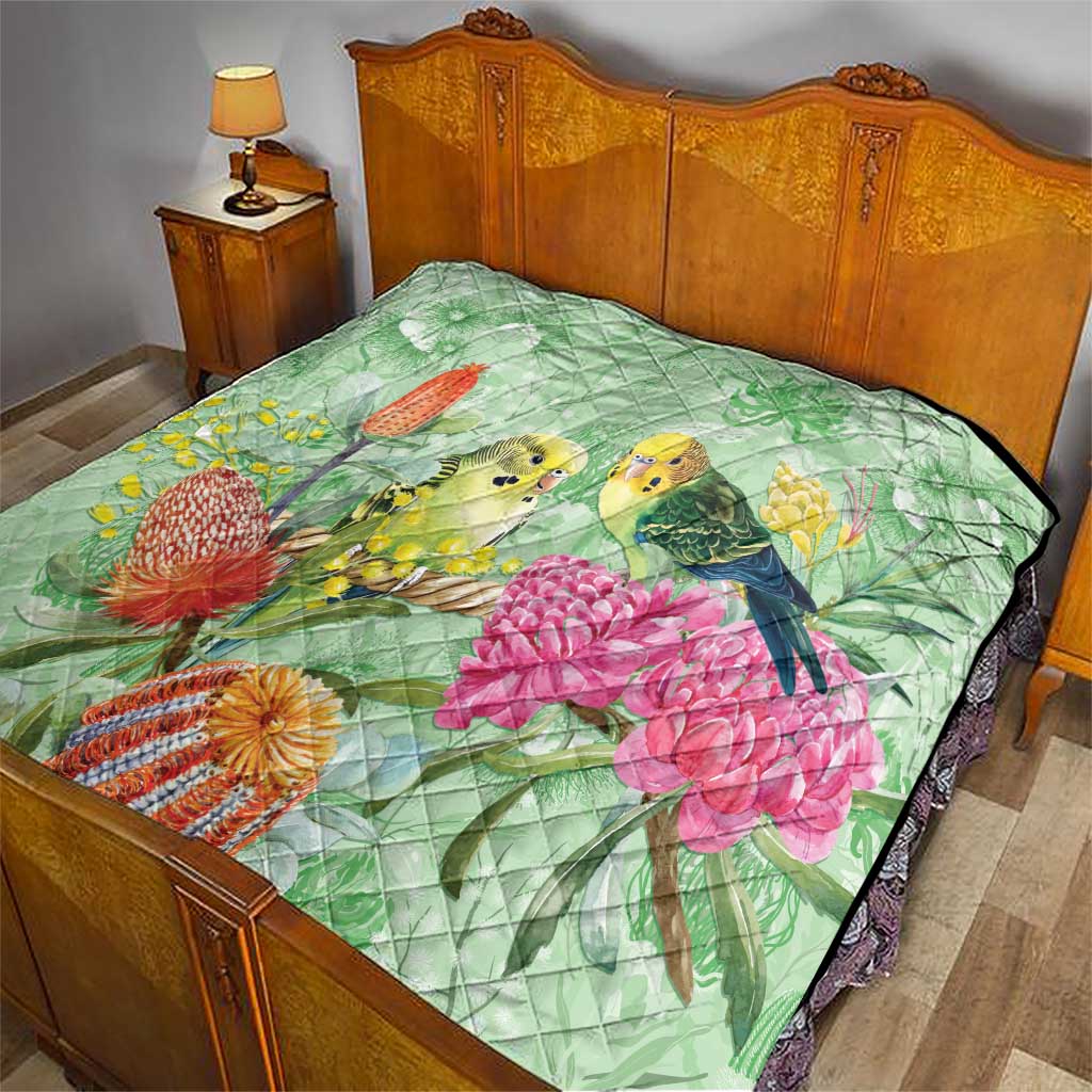 Birds and Floral Aussie Budgerigars Quilt Mint Opal - Aussie Hoodie