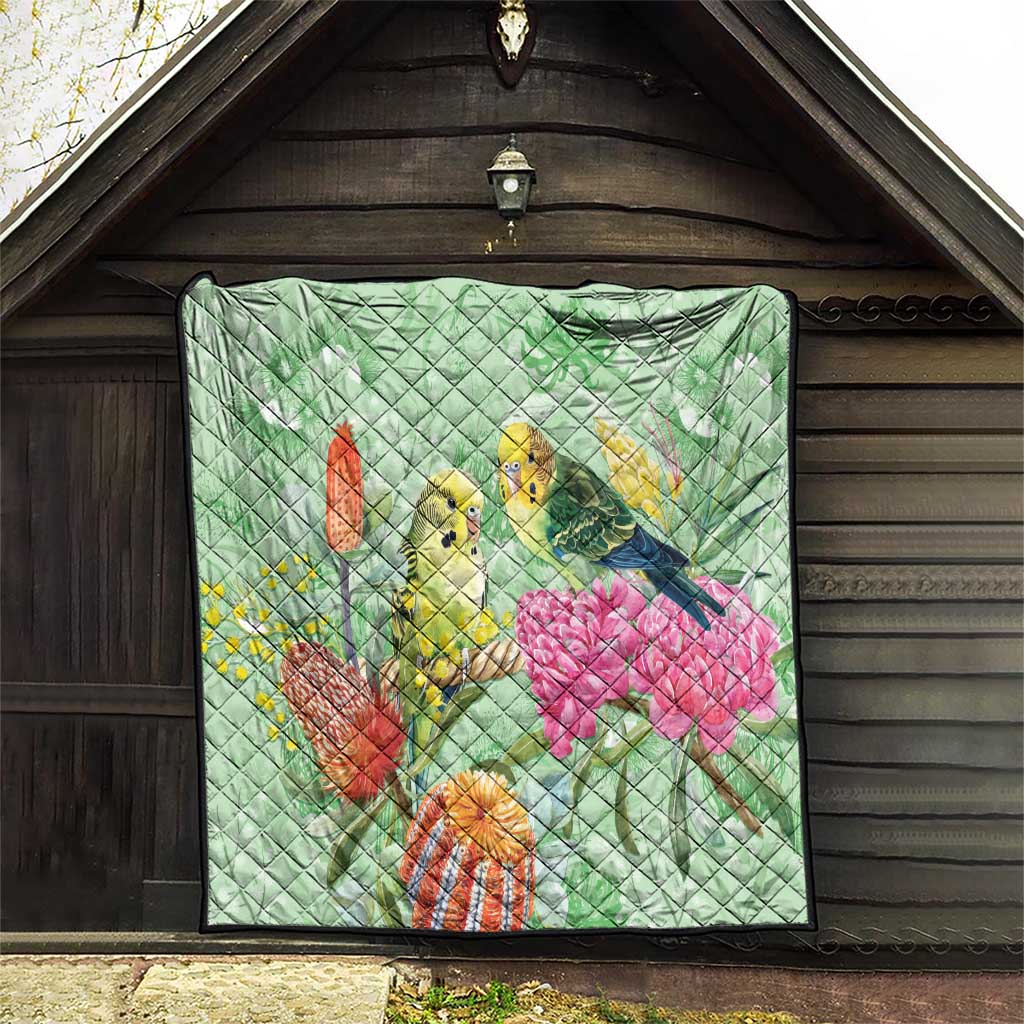 Birds and Floral Aussie Budgerigars Quilt Mint Opal - Aussie Hoodie
