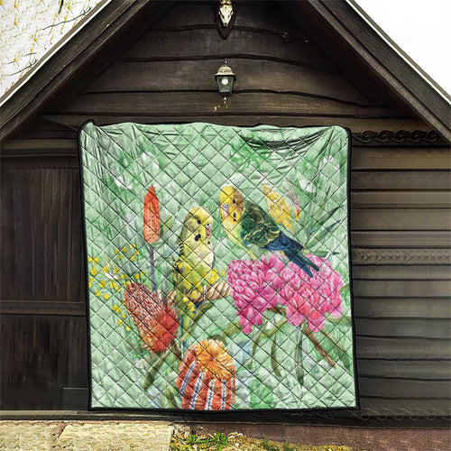 Birds and Floral Aussie Budgerigars Quilt Mint Opal - Aussie Hoodie