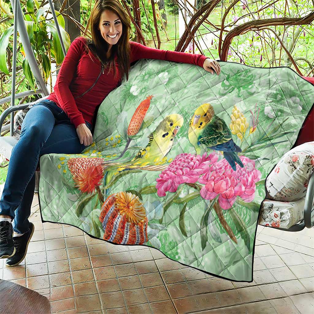 Birds and Floral Aussie Budgerigars Quilt Mint Opal - Aussie Hoodie