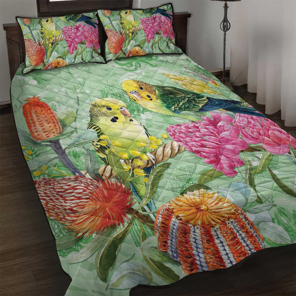 Birds and Floral Aussie Budgerigars Quilt Bed Set Mint Opal - Aussie Hoodie