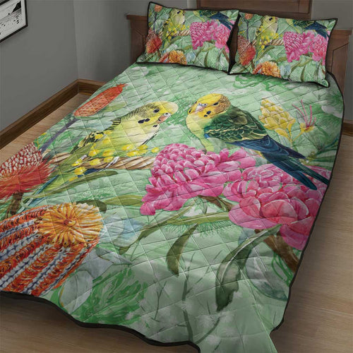Birds and Floral Aussie Budgerigars Quilt Bed Set Mint Opal - Aussie Hoodie