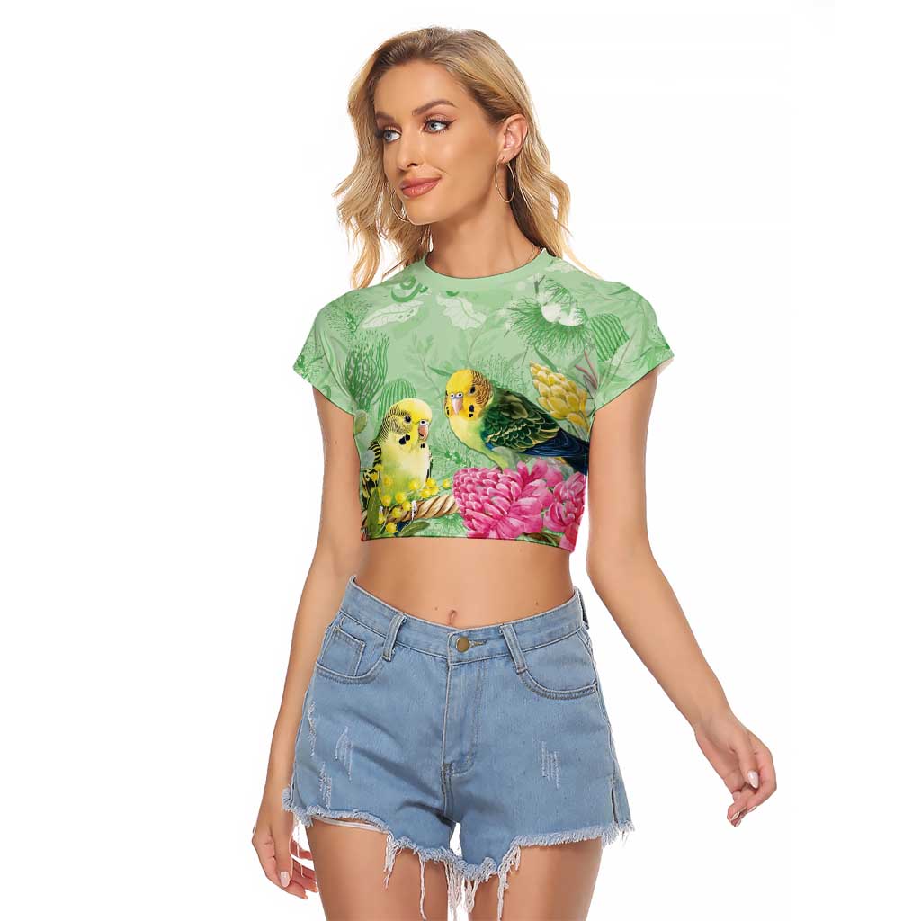 Birds and Floral Aussie Budgerigars Raglan Cropped T Shirt Mint Opal - Aussie Hoodie