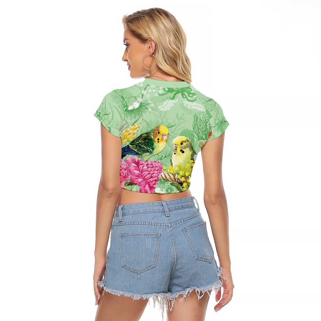 Birds and Floral Aussie Budgerigars Raglan Cropped T Shirt Mint Opal - Aussie Hoodie
