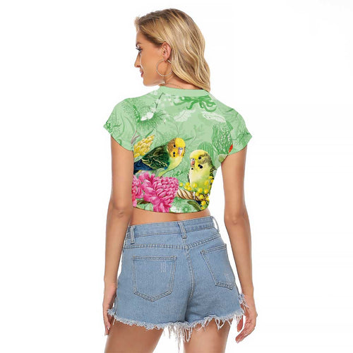 Birds and Floral Aussie Budgerigars Raglan Cropped T Shirt Mint Opal - Aussie Hoodie